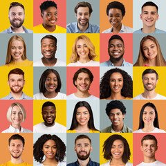 Diverse cheerful people portraits collage over bright colorful studio backgrounds. Human diversity collage