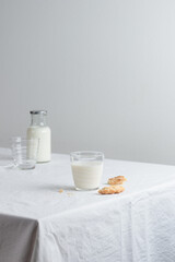 Fresh Milk on the table with white tablecloth