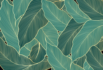Luxury leaves wallpaper design gold and nature green background vector. Hand drawn linear golden abstract leaves. Vector Illustration © MooJook