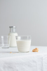 Fresh Milk on the table with white tablecloth