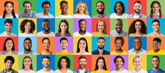 Positive multiracial people collage. Human portraits with happy facial expressions on bright colorful studio backgrounds