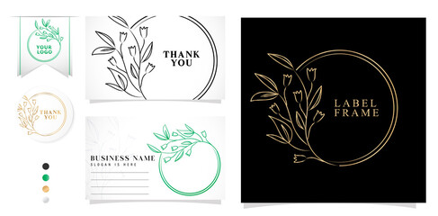 set of design elements floral frame with wreath flower leaves, illustration of label brand and packaging product, applicable for wedding invitation, frame logo, business card, natural symbol and sign