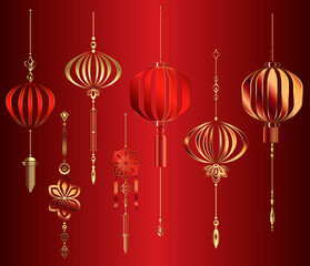 Chinese New Year red and gold lanterns with ornament and flowers, lantern festival, isolated elements decoration background 