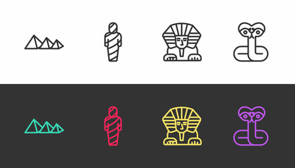 Set line Egypt pyramids, mummy, Sphinx and Snake on black and white. Vector