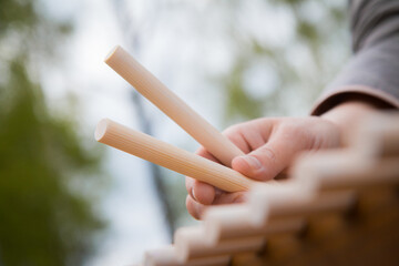 Person holding wooden sticks for a memory game outdoors