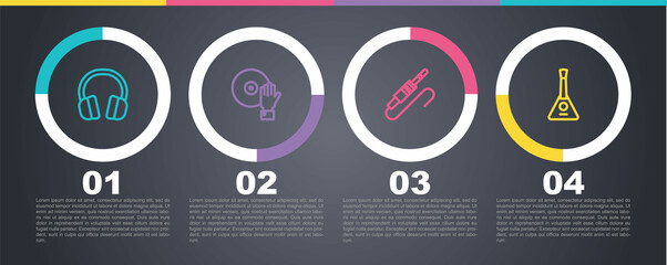 Set line Headphones, DJ playing music, Audio jack and Balalaika. Business infographic template. Vector