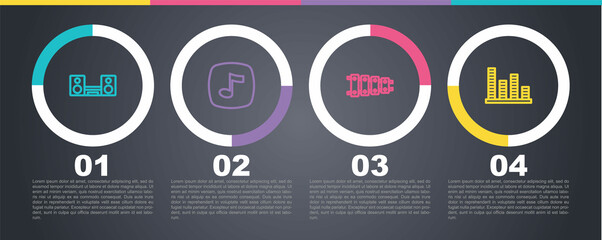 Set line Home stereo with two speakers, Music note, tone, Xylophone and equalizer. Business infographic template. Vector