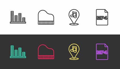 Set line Music equalizer, Grand piano, Location musical note and MP4 file document on black and white. Vector