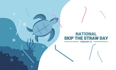 Vector illustration of a turtle biting a straw, as a campaign concept, National Skip Straw Day.