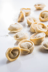 Raw fresh dumplings , or italian tortellini pasta, isolated on white background