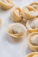 Raw fresh dumplings , or italian tortellini pasta, isolated on white background