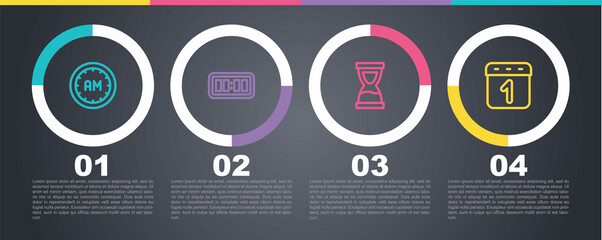 Set line Morning time, Digital alarm clock, Old hourglass and Calendar. Business infographic template. Vector