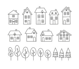 Various small tiny houses and trees. Hand-drawn small townhouses set. Line art. Theme of a small town, urban design, friendly city environment.