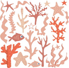 Under the sea vector set with cute orange seaweeds and little stars, fish.  Underwater set, cartoon characters. Perfect for scrapbooking, cards, poster, stickers