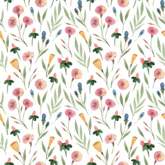 Seamless watercolor botanical pattern with spring flowers and leaves