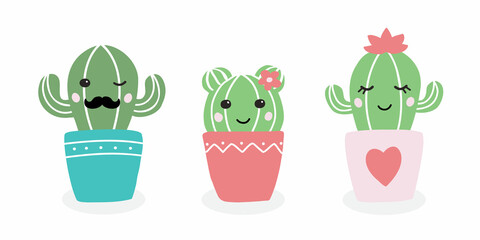 Cute vector illustration of cactus family. Doodle isolated cartoon cacti on the white background © Tiana_Art