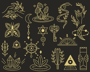 Set golden magic symbols doodle style. Ethnic collection isoteric occultism. Items witchcraft and magic vector illustration