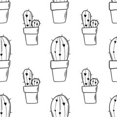 Doodle black outline cactus seamless pattern. Home plant. Ink sketch.