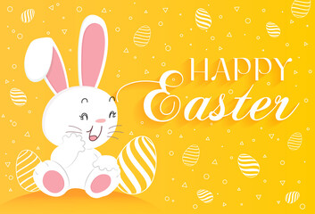 Orange background with text happy .easter and rabbit. Text greeting sign. .Simple flat style