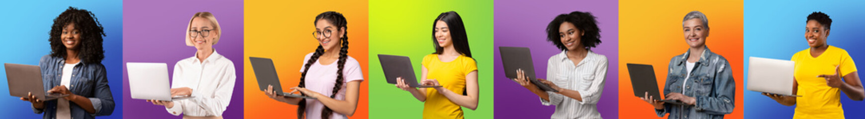 Fototapeta premium Online Education. Group Of Multicultural Women Study Remotely With Laptop Computers
