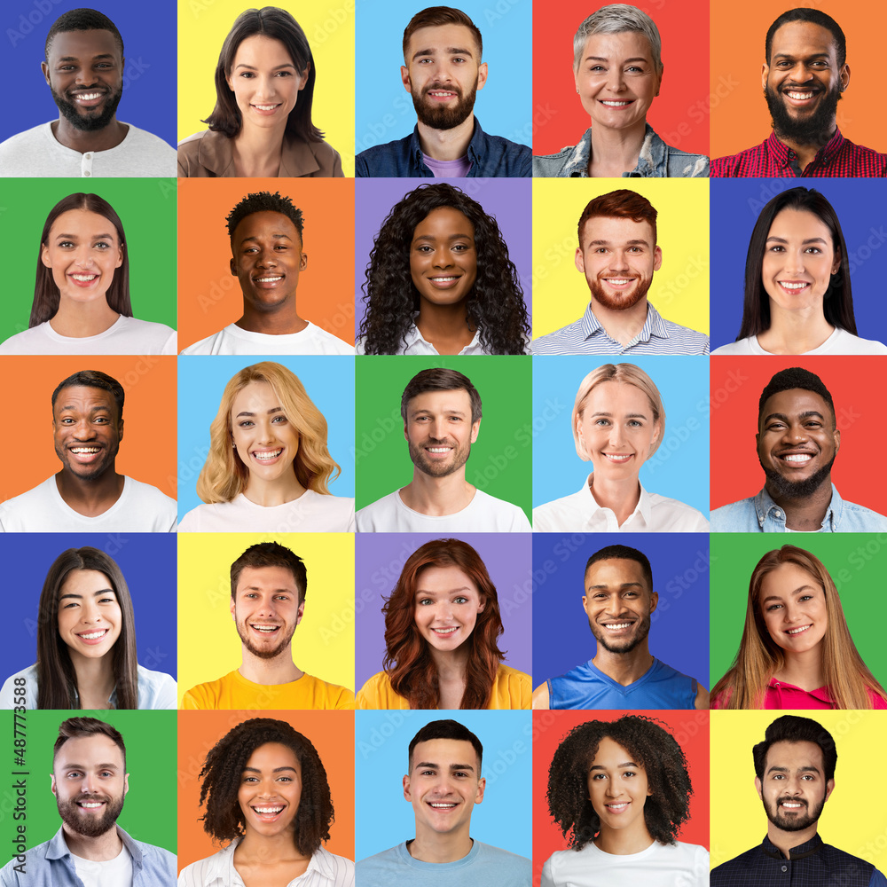 Poster human portraits mosaic with diverse happy men and women on colorful studio backgrounds