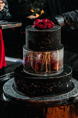 Chic wedding cake in rocker style close-up