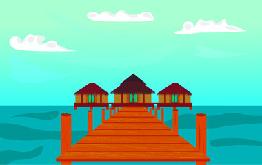 wooden pier in the sea and tropical bungalow against the blue sky 