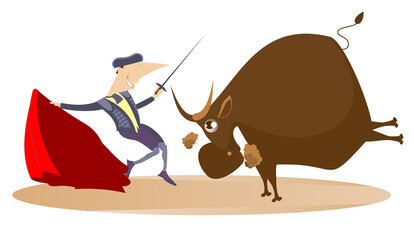 Bullfighter with a sword fighting to the bull. Bullfighter and a bull isolated	