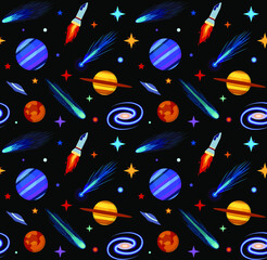 Seamless pattern with comets, planets, stars and rockets, vector illustration of space