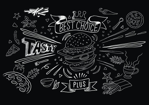 Fast food doodle icon set