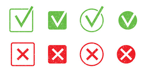 Textured check marks. Red and green. Vector illustration.