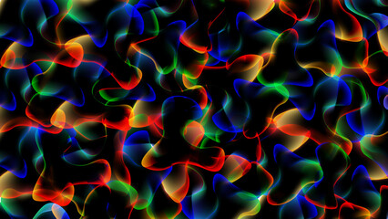 Abstract multicolored background of overlapping transparent amorphous figures with neon illumination on a black background. Vector illustration.
