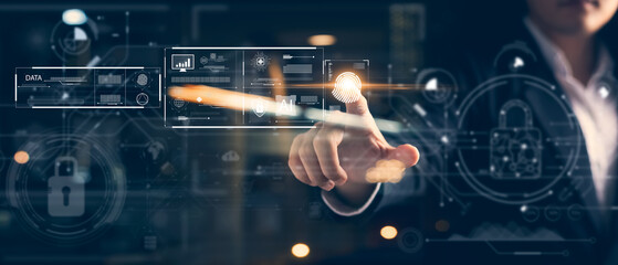business man Fingerprint scanning and biometric authentication, cybersecurity and fingerprint password, future technology and cybernetics.