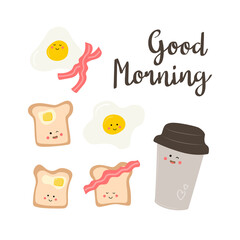 Set of cute breakfast vector food. Card with text