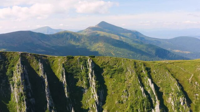 A view from a drone on the famous Rocks of the Hajina tract, Ribs - a popular place among tourists for the Montenegrin ridge in the Carpathian mountains, Ukraine.