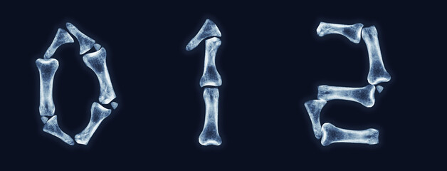 X-ray alphabet. Bone numbers 0, 1, 2. Realistic illustration. Black background.