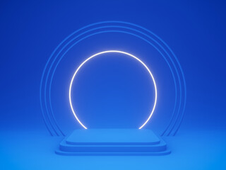 3D blue podium with white neon light