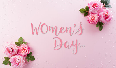 Happy Women's Day decoration concept made from rose flower with the text on pink pastel background.
