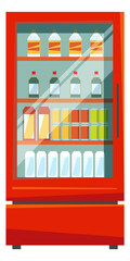 Drink showcase. Red store fridge with glass doors