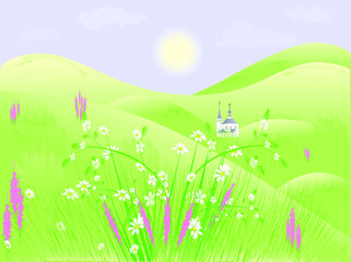 spring landscape with grass and flowers