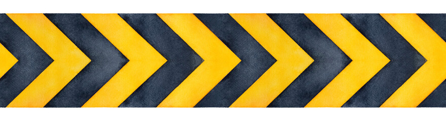 Water color illustration of seamless repeatable border of black and yellow hazard warning stripe tape. Hand drawn watercolour graphic drawing with great contrast, cut out clip art element for design.