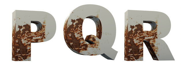 Dirty alphabet. P, Q, R. White letters smeared with mud. 3D render. White background. Paths save. 