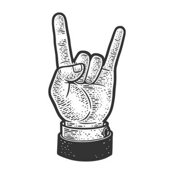 Sign hand rock and roll heavy metal on white background sketch engraving vector illustration. Sign of horns hand gesture. T-shirt apparel print design. Scratch board. Black and white hand drawn image
