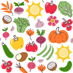 Colorful summer seasonal vegetables seamless pattern. Isolated vegetables on white background. Vector illustration.