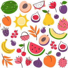 Colorful summer seasonal fruits seamless pattern. Isolated fruits on white background. Vector illustration.