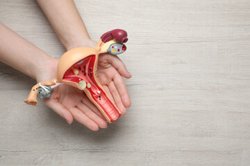 Woman with anatomical model of uterus at light wooden table, top view and space for text. Gynecology concept