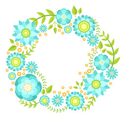 Round floral ornament with blue flowers. Green wreath