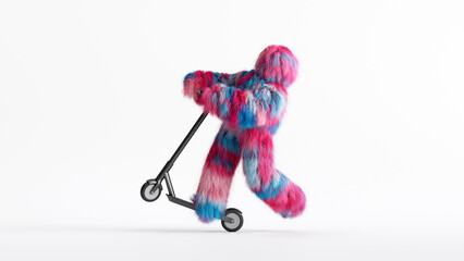 3d rendering, colorful hairy beast Yeti rides scooter, furry monster cartoon character having fun. Fluffy toy in active pose, isolated on white background