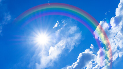 Panorama background of rainbow-covered blue sky and sun_04
