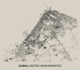 Dubai (United Arab Emirates) street map outline for poster. High printable detail travel map vector.